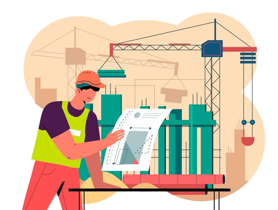 Person looking on plans with construction behind him.